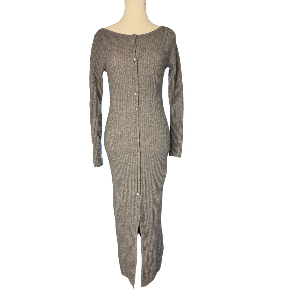 Abercrombie & Fitch Grey Merino Wool Blend Ribbed Button Front Maxi Dress SP
